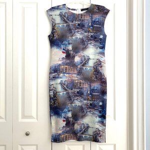 Luna Sheath Dress French Scenery Size Large Stretch Wrinkle-Free Fabric